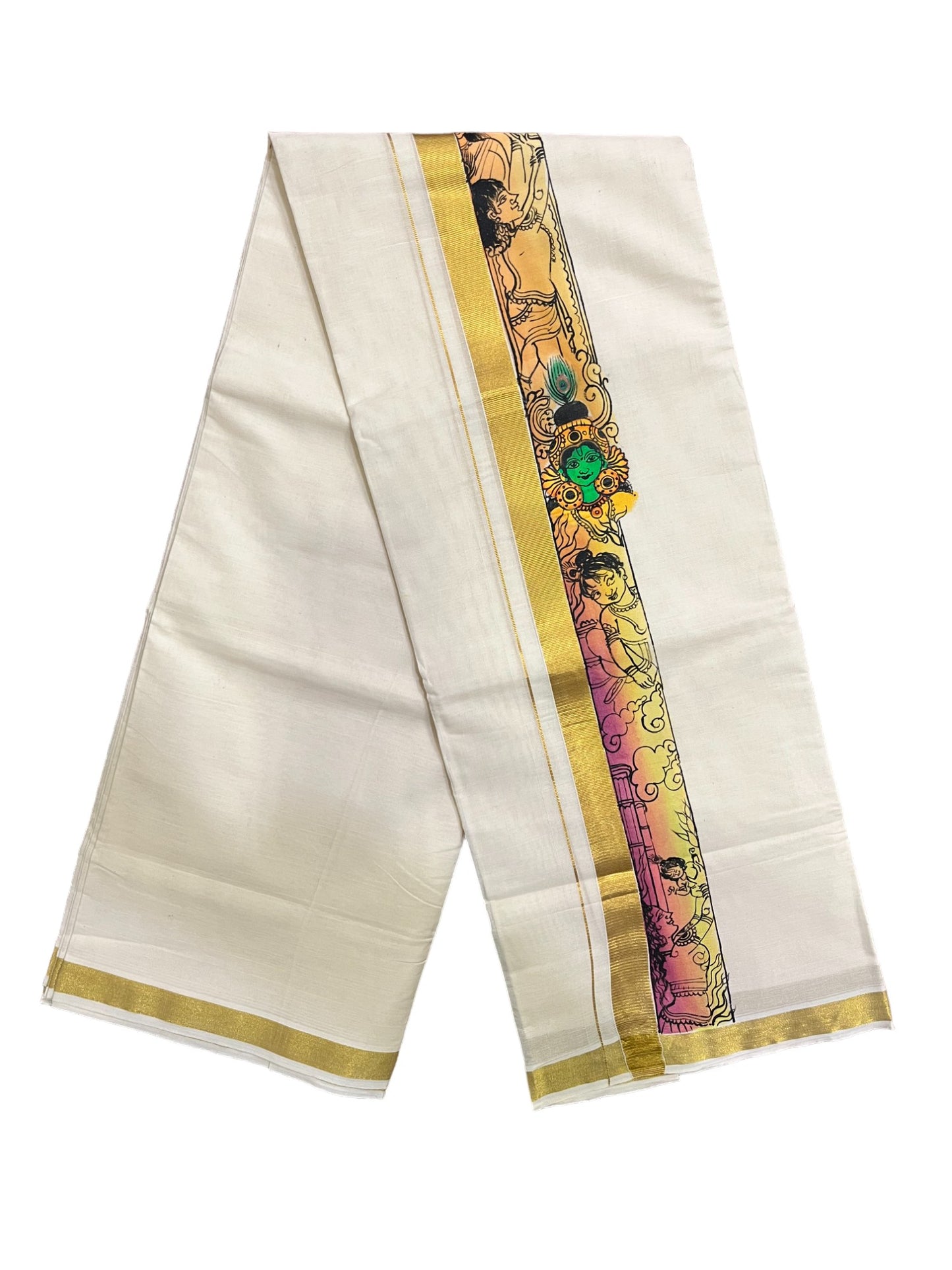 Kerala Pure Cotton Double Mundu with Mural Hand Painted Design on Kasavu Border (South Indian Kerala Dhoti)