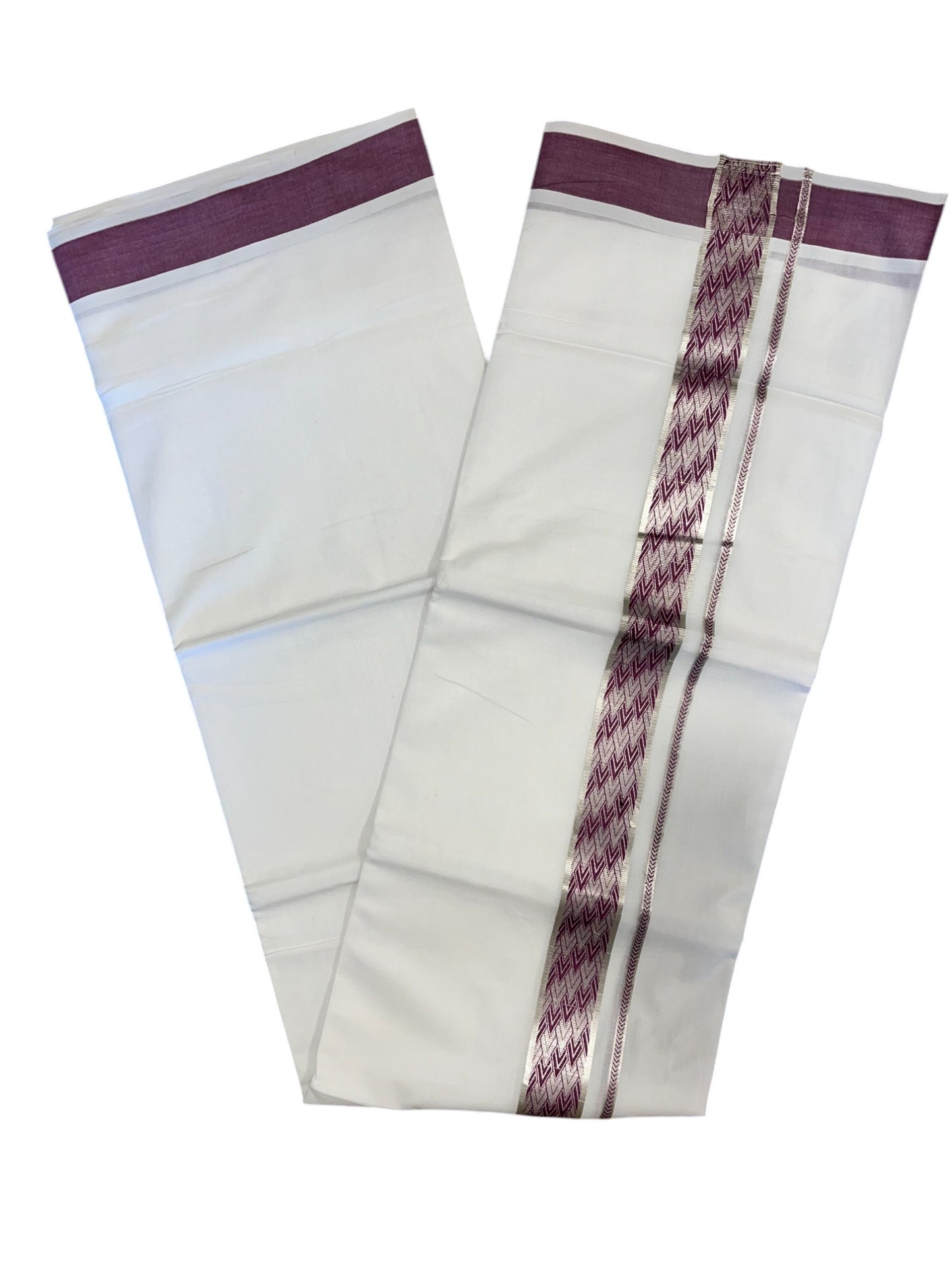 Pure White Cotton Double Mundu with Silver Kasavu and Magenta Woven Border