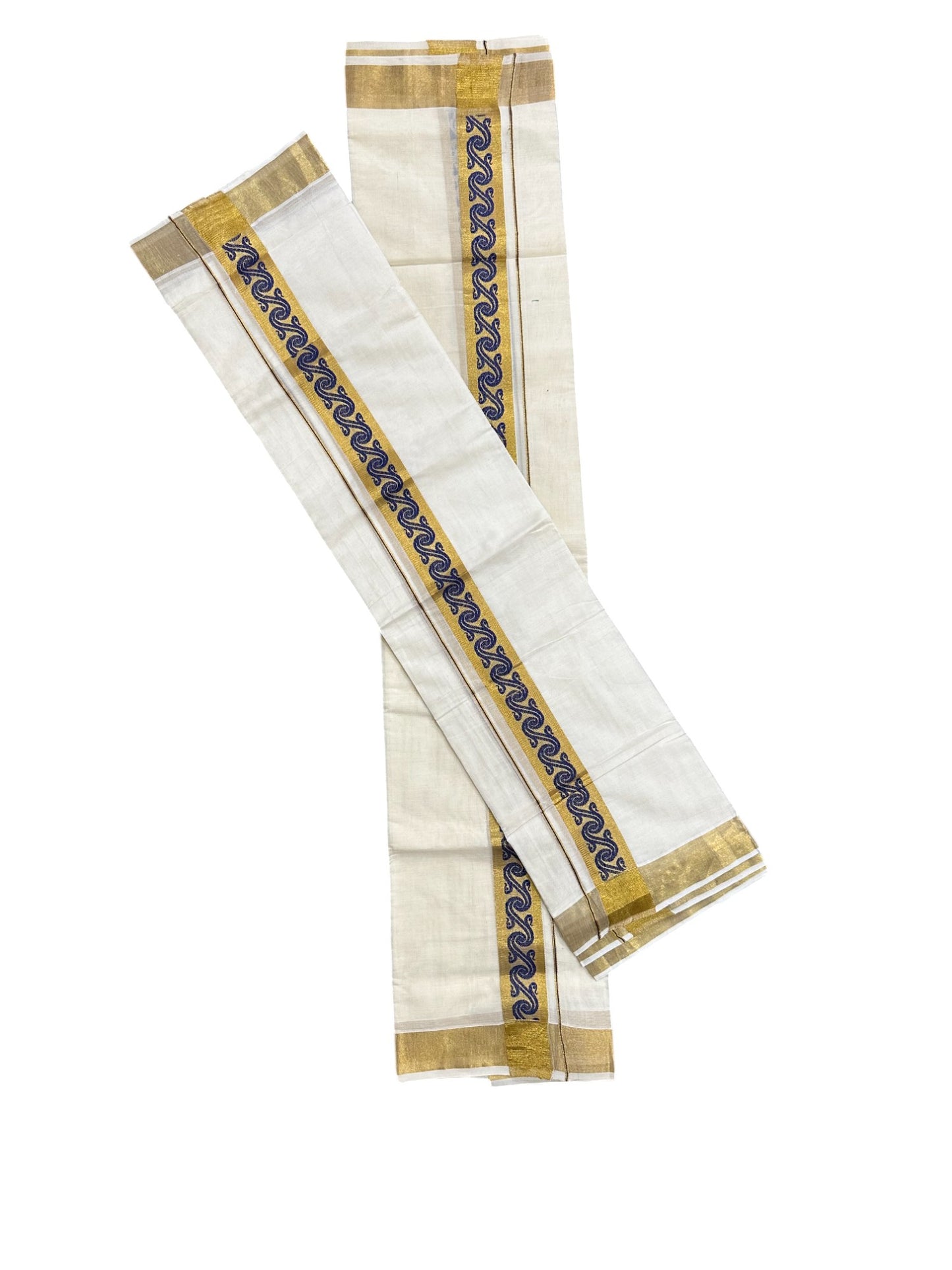 Kerala Pure Cotton Single Set Mundu (Mundum Neriyathum) with Blue Block Prints on Kasavu Border-2.80Mtrs