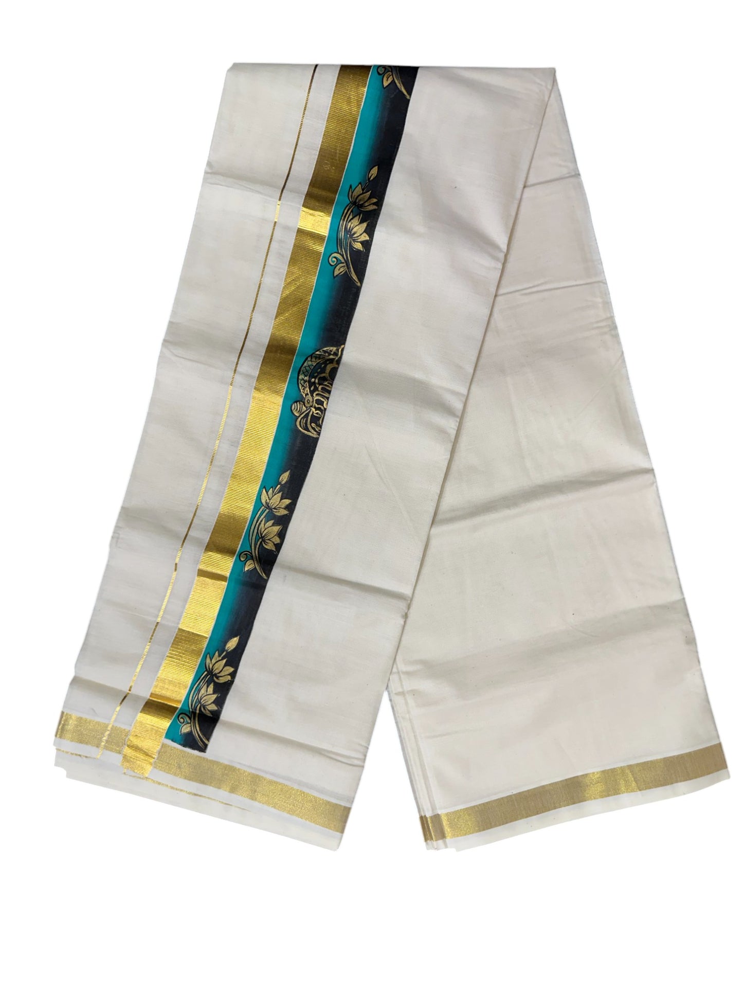 Kerala Pure Cotton Double Mundu with Hand Painted Designs on Kasavu Border(South Indian Kerala Dhoti)