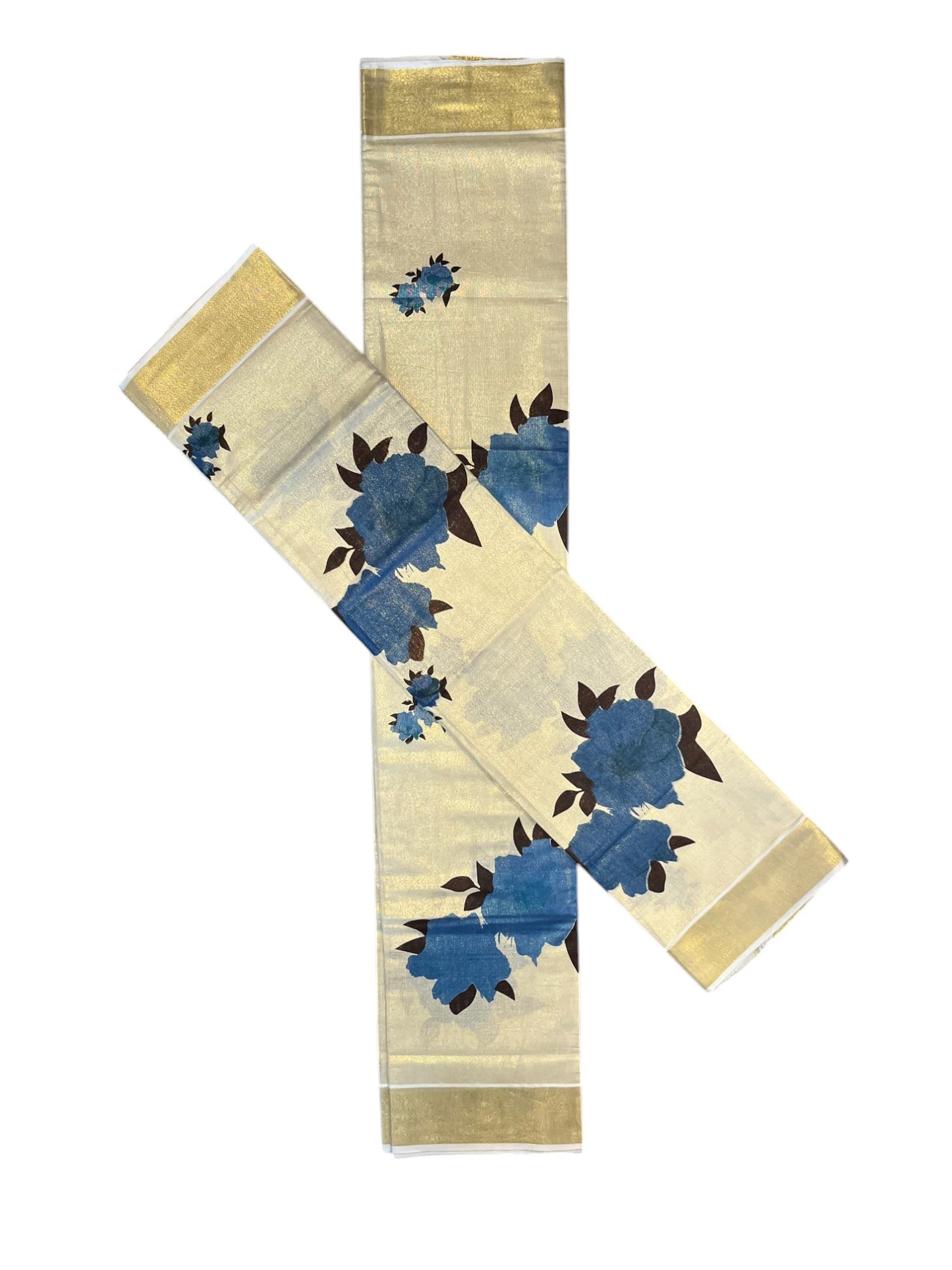 Kerala Tissue Digital Print Single Set Mundu (Mundum Neriyathum) with Blue Floral Design 2.80 Mtrs