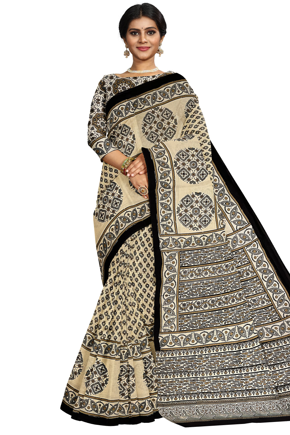 Southloom Pure Cotton Beige Grey Block Printed Saree