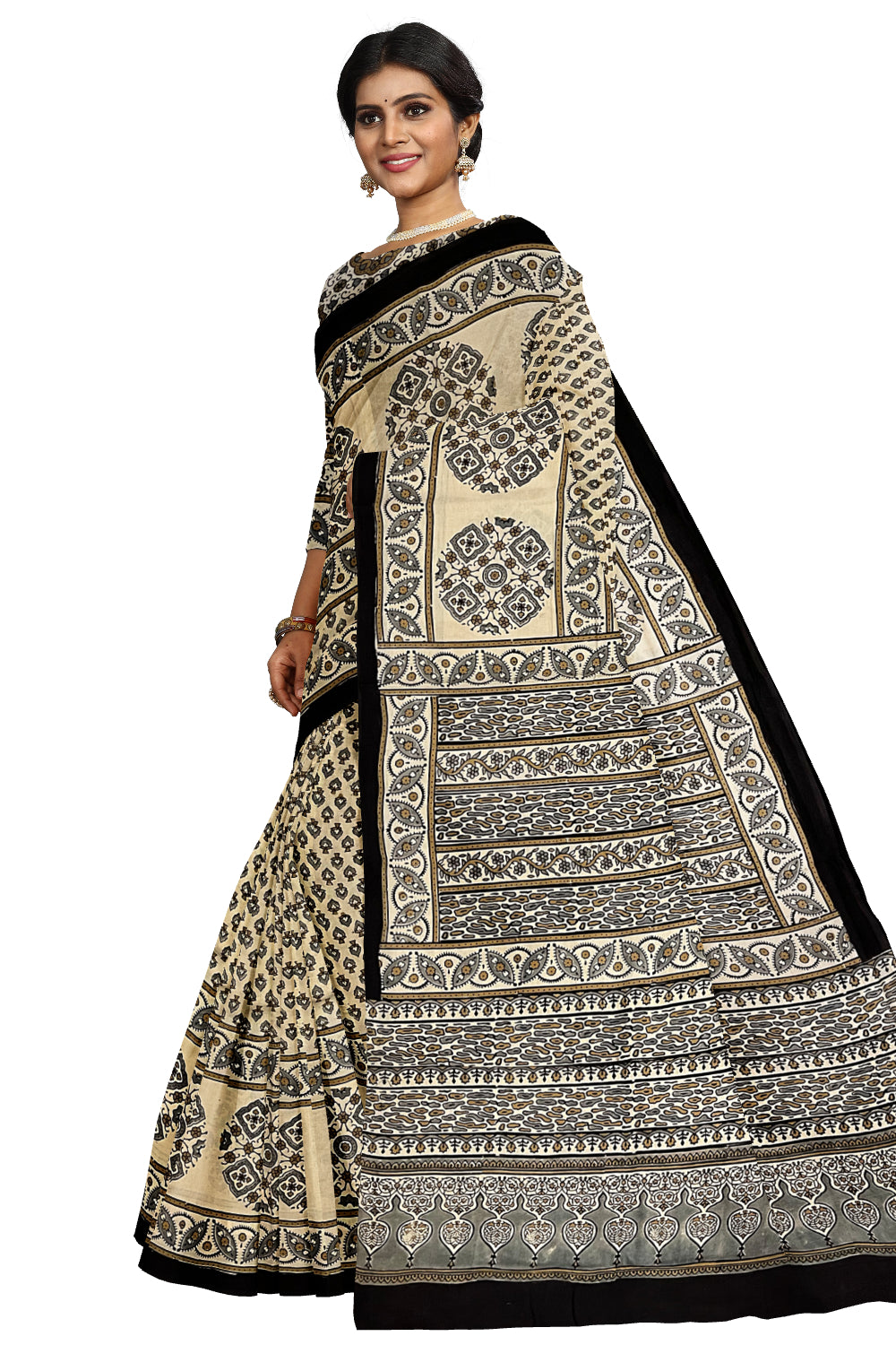 Southloom Pure Cotton Beige Grey Block Printed Saree