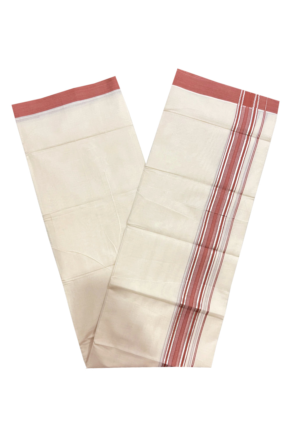 Pure Cotton 100x100 Double Mundu with Silver Kasavu and Brick Red Kara (Onam Mundu 2023)