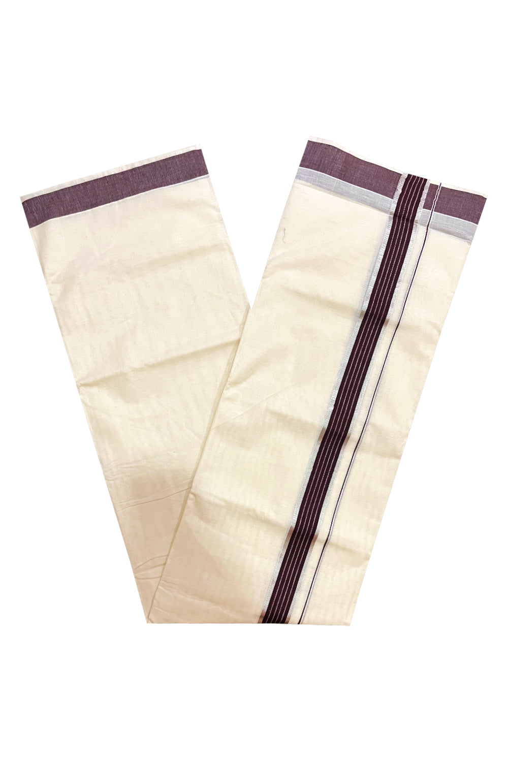 Kerala Cotton Double Mundu with Brown and Silver Kasavu Line Border (Onam Mundu 2023)