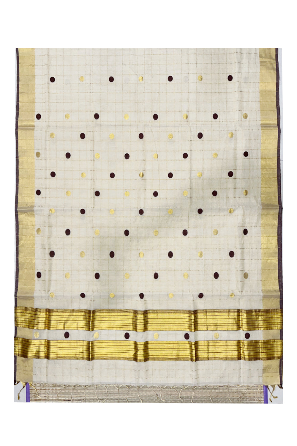 Southloom Premium Handloom Tissue Kasavu Check Saree with Golden and Brown Polka Design