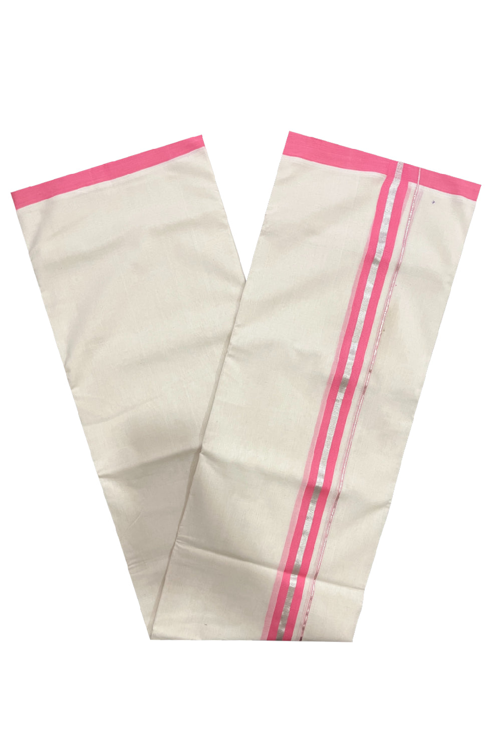 Southloom Premium Balaramapuram Unakkupaavu Handloom Mundu with Pink and Silver Kasavu Border (South Indian Kerala Dhoti)