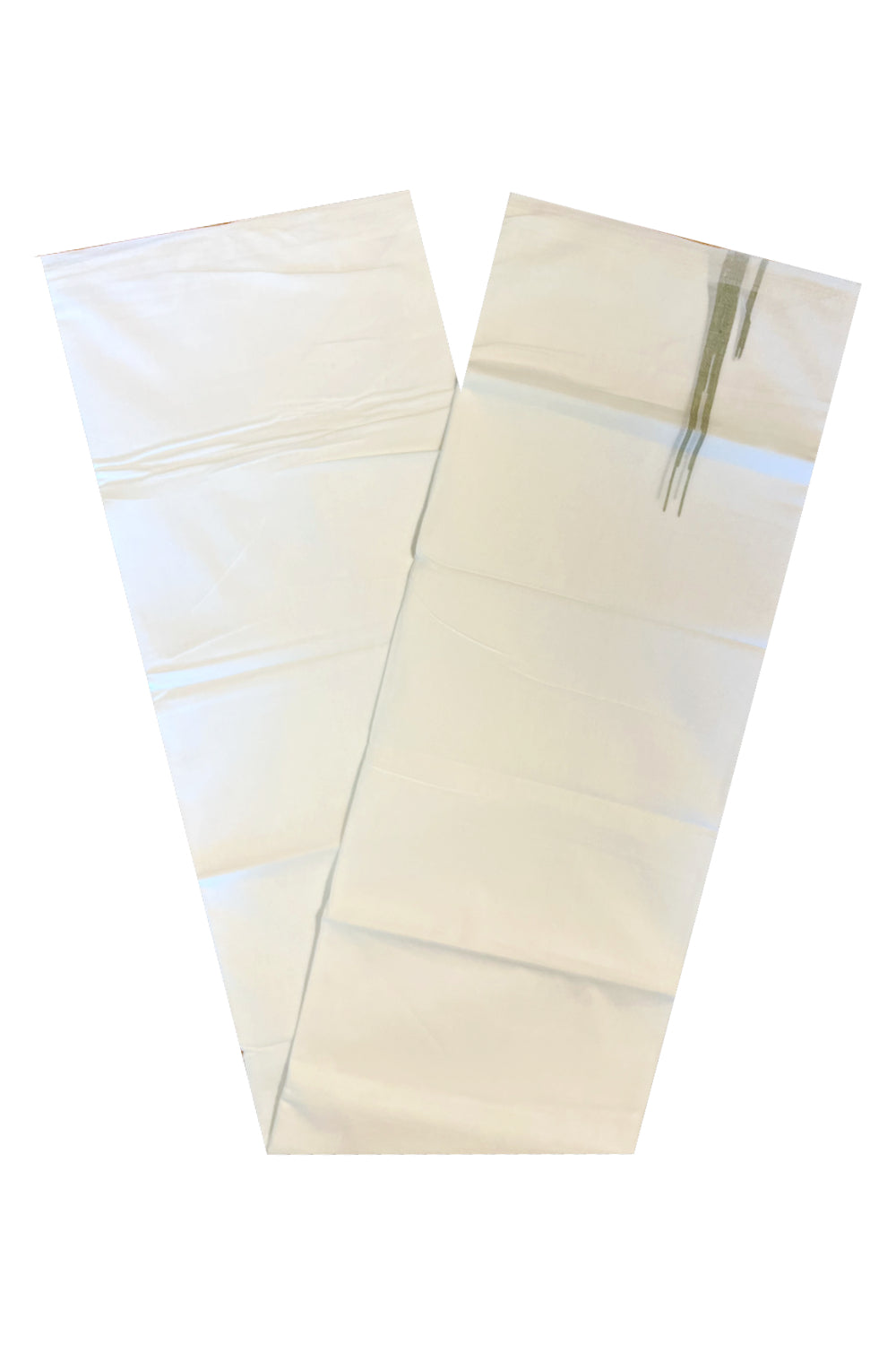 Pure White Cotton Double Mundu with Green Chutti Kara (South Indian Kerala Dhoti)