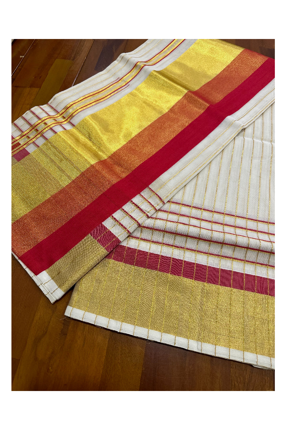 Southloom Premium Handloom Cotton Kerala Saree with Kasavu Lines Across Body and Bight Red Border (Onam Saree 2023)