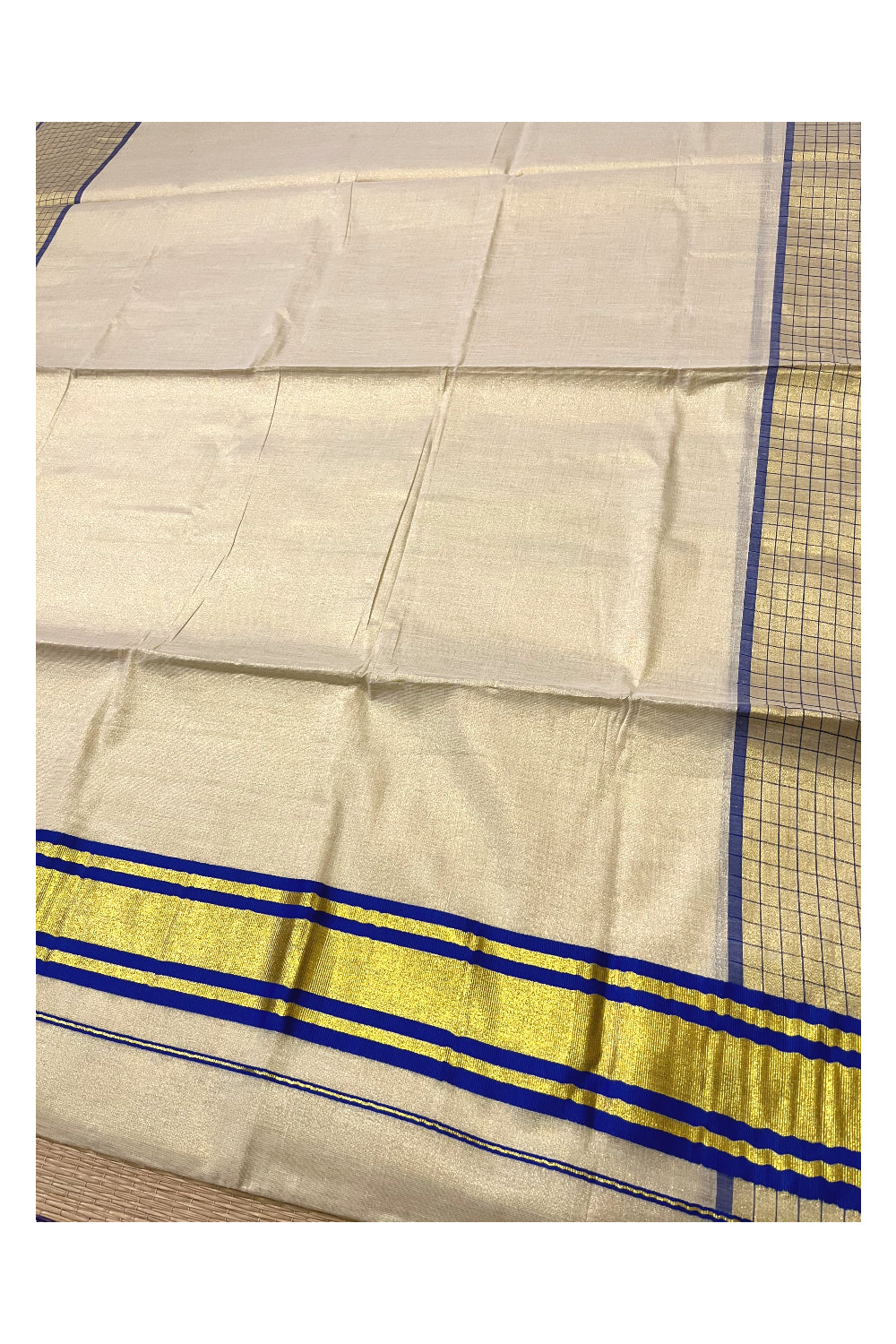 Kerala Tissue Kasavu Saree with Blue Check Design Border