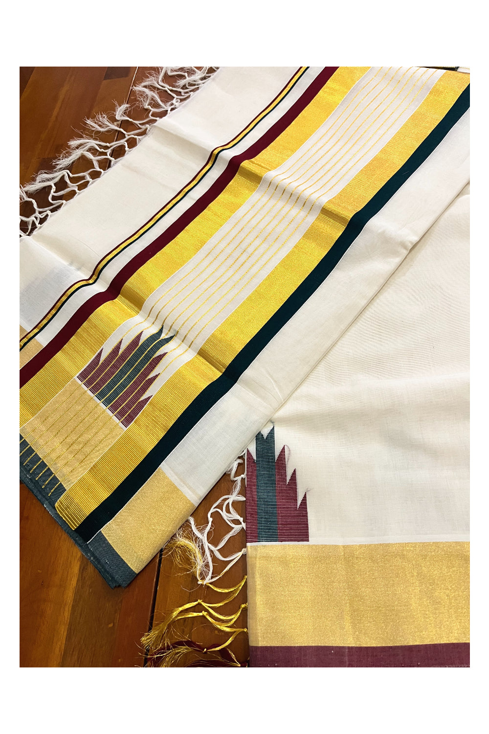 Southloom™ Premium Handloom Cotton Kasavu Saree with Maroon Dark Green Temple Woven Border and Stripes Work on Pallu