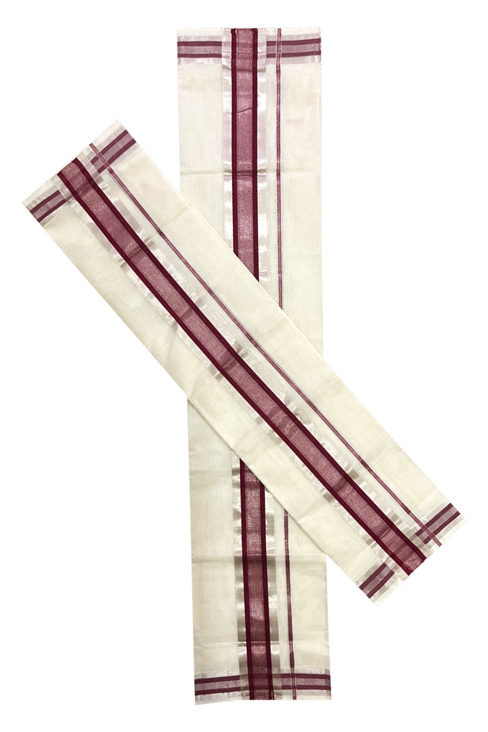 Southloom Premium Handloom Set Mundu with Silver Kasavu and Maroon Border 2.80 Mtrs