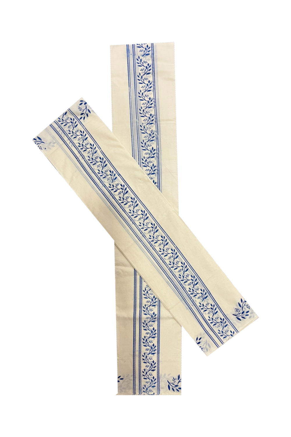 Pure Cotton Kerala Single Set Mundu (Mundum Neriyathum) with Blue Block Prints on Border