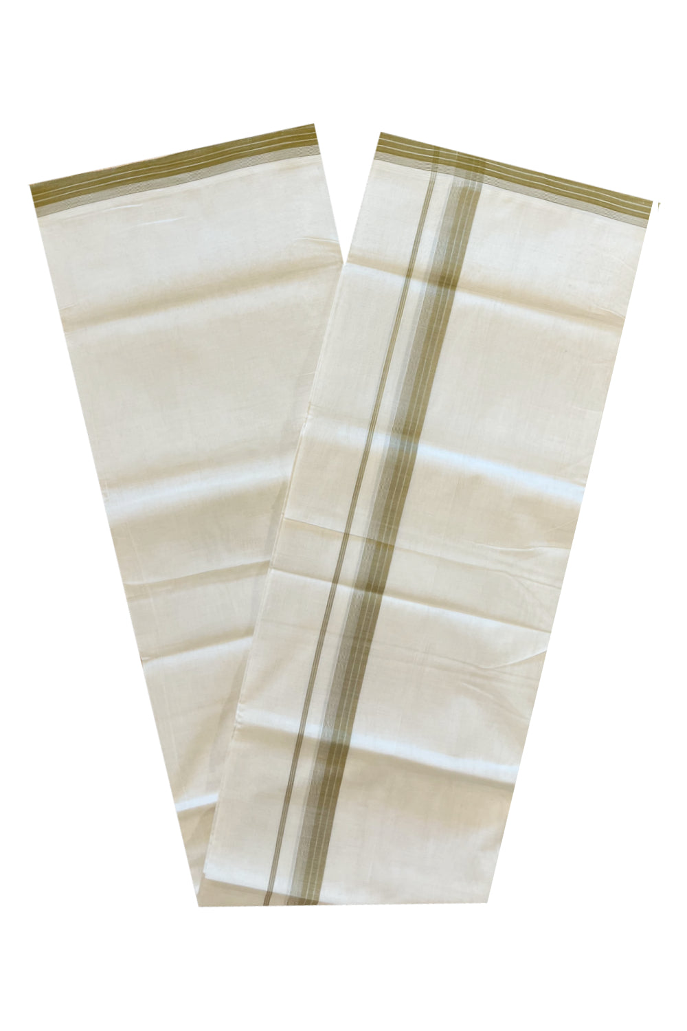 Southloom Premium Handloom Cotton Double Mundu with Olive Green Lines Border