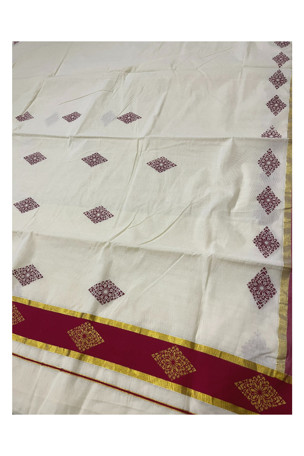 Pure Cotton Kerala Saree with Maroon Block Prints and Kasavu Border