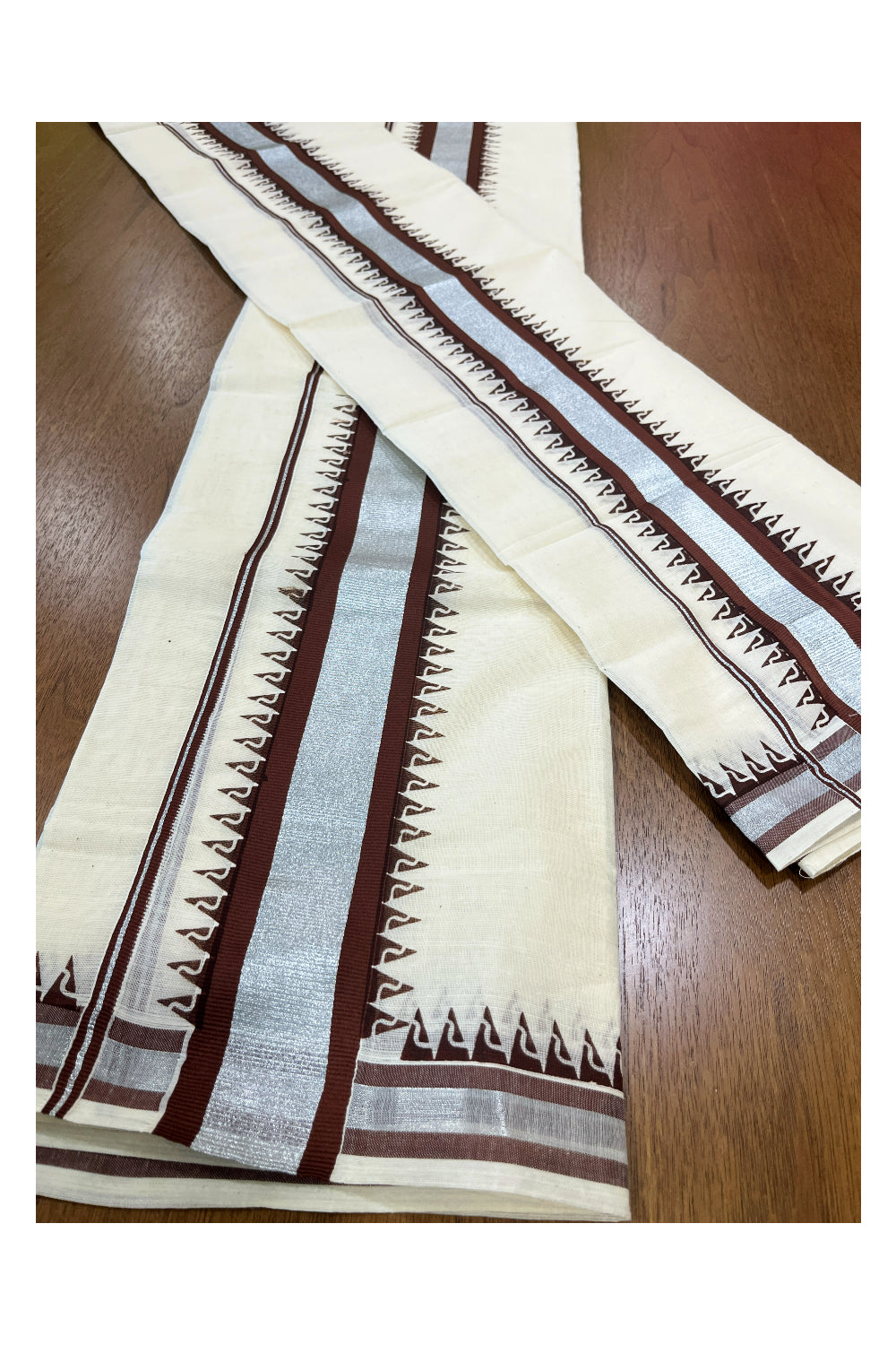 Cotton Single Set Mundu (Mundu Neriyathum) with Brown Temple Block Prints and Silver Kasavu Border