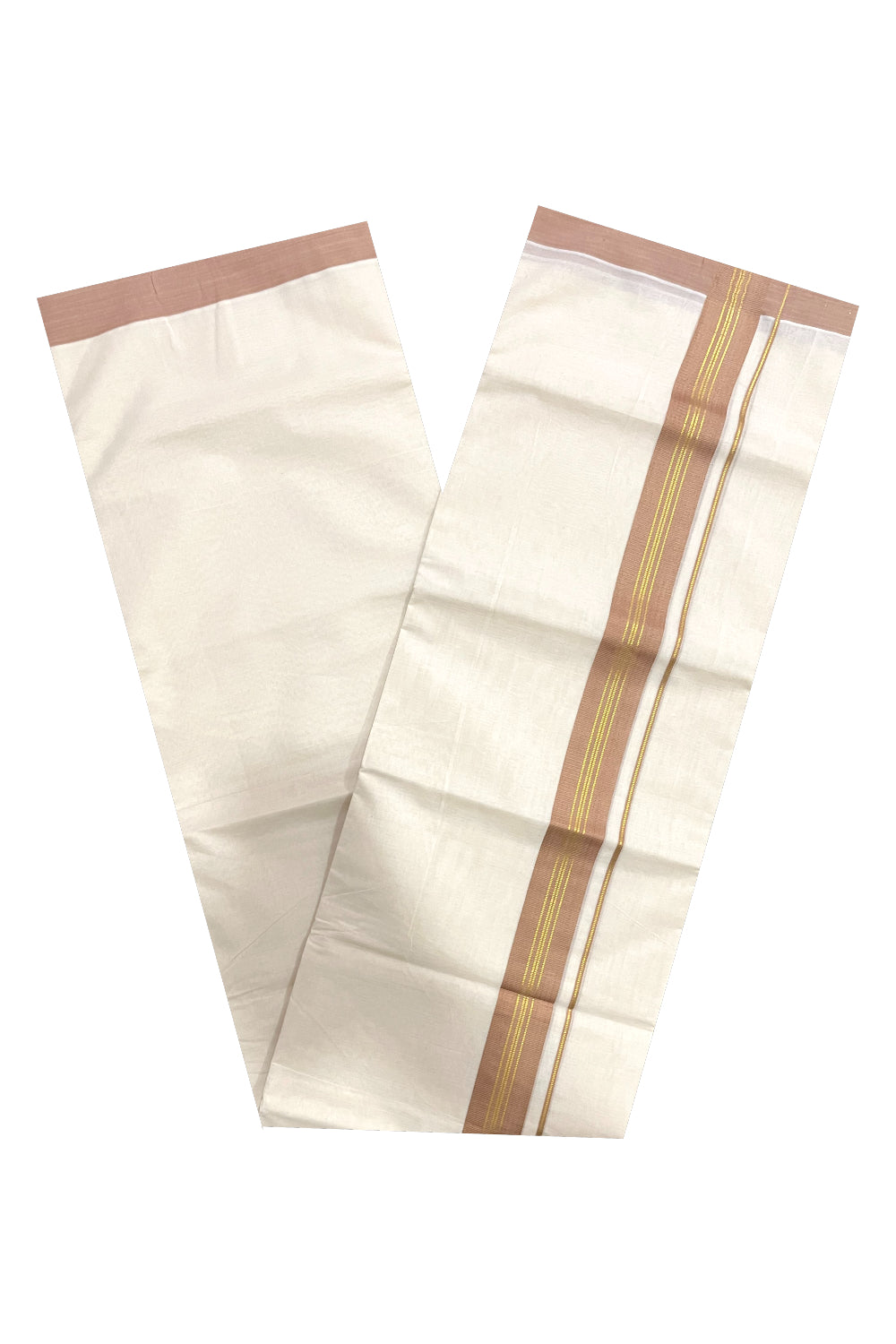 Pure Cotton 100x100 Double Mundu with Kasavu and Brown Kara (Onam Mundu 2023)