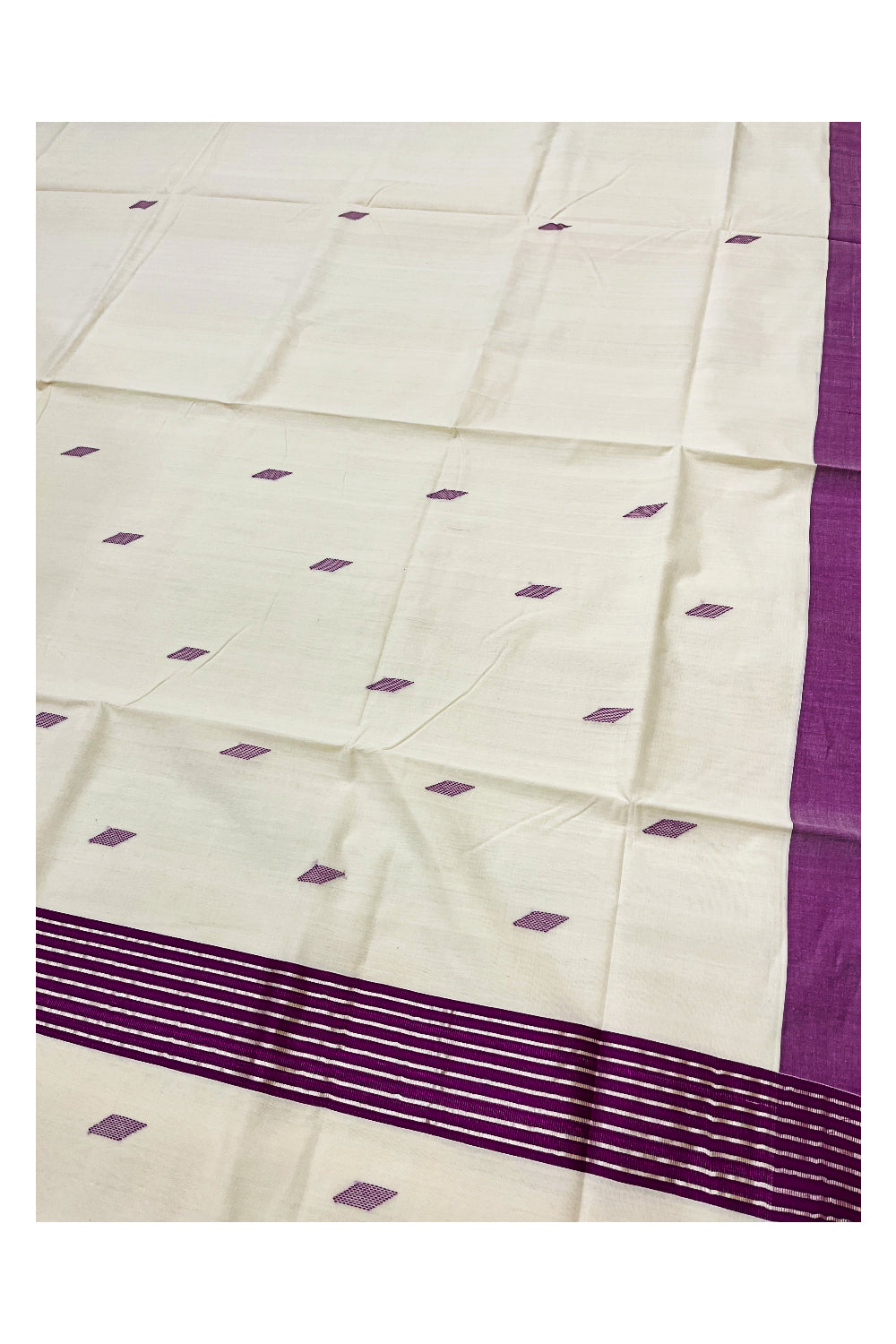 Southloom Premium Balaramapuram Unakkupaavu Handloom Cotton Butta Saree with Violet and Kasavu Border