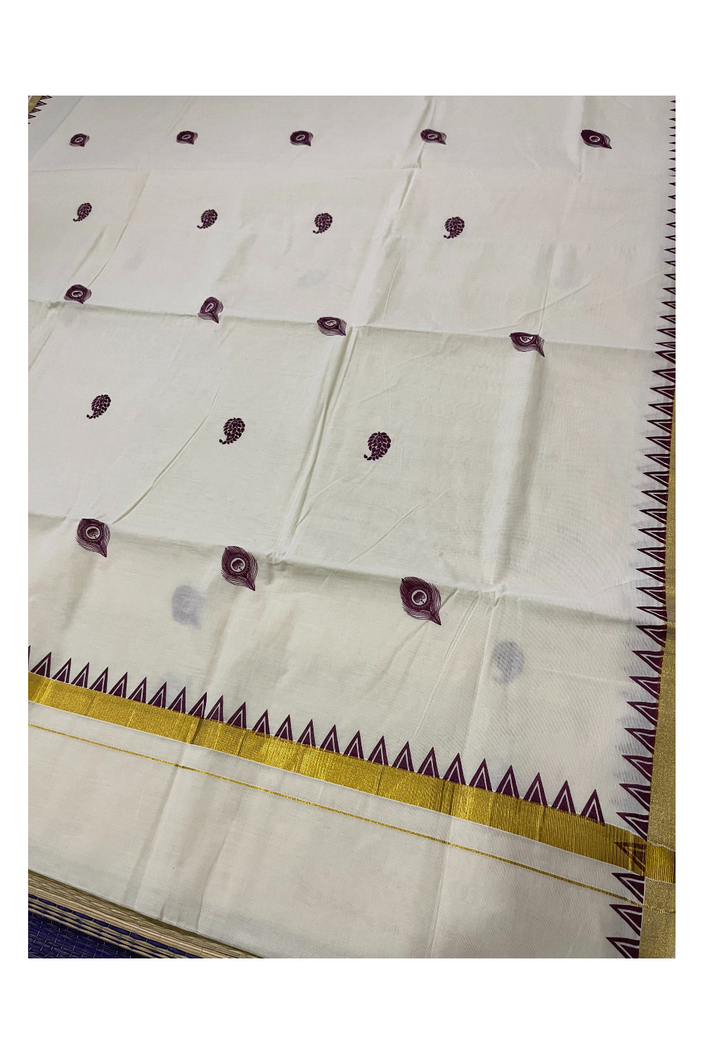 Pure Cotton Kerala Kasavu Saree with Purple Temple Block Printed Border