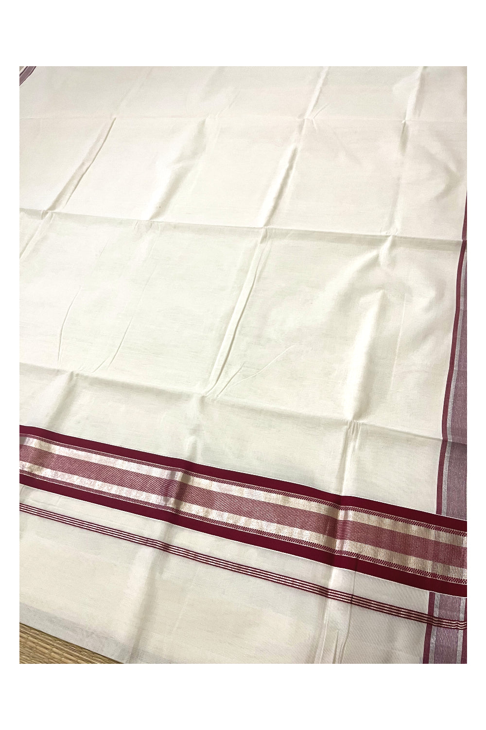 Southloom Premium Handloom Cotton Saree with Silver Kasavu and Maroon Border