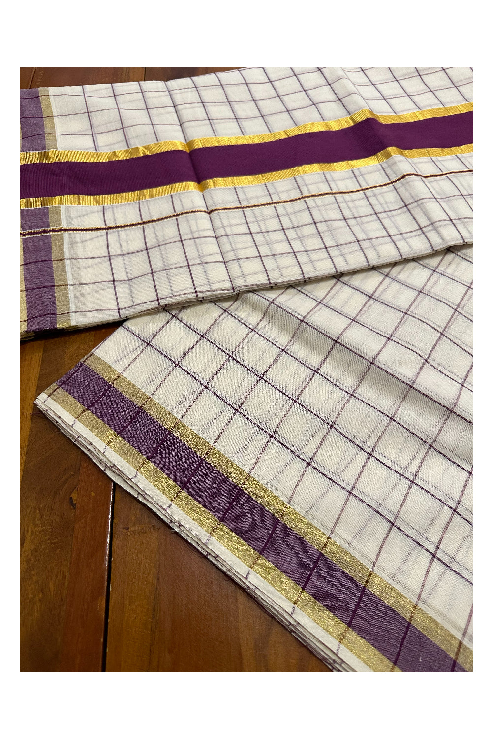 Kerala Woven Check Design Saree with Kasavu and Purple Border (Onam Saree 2023)