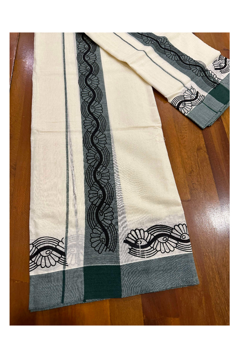 Kerala Cotton Single Set Mundu (Mundum Neriyathum) with Block Prints on Dark Green Border (Onam set Mundu 2023)