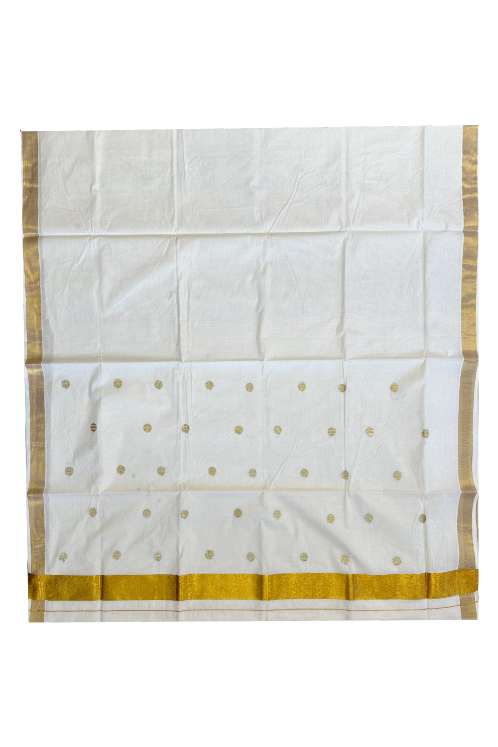 Kerala Pure Cotton Saree with Kasav and Golden Embroidery Polka on Body