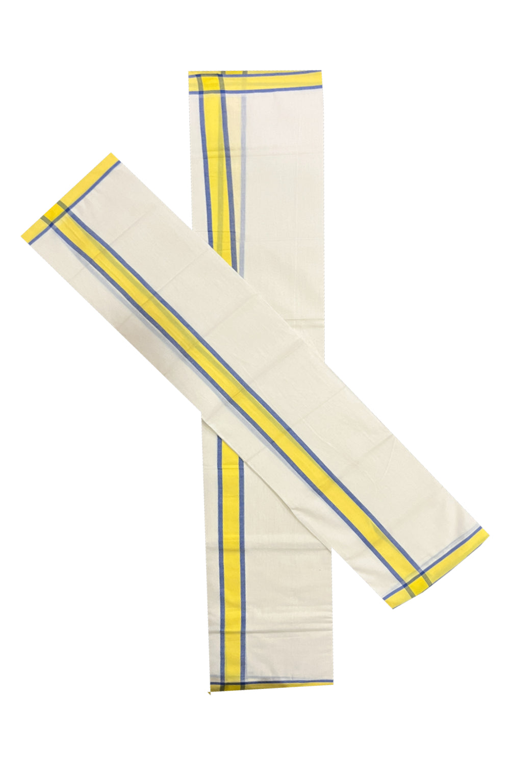 Kerala Cotton Mulloth Single Set Mundu (Mundum Neriyathum) with Yellow and Blue Border (Extra Soft Cotton)