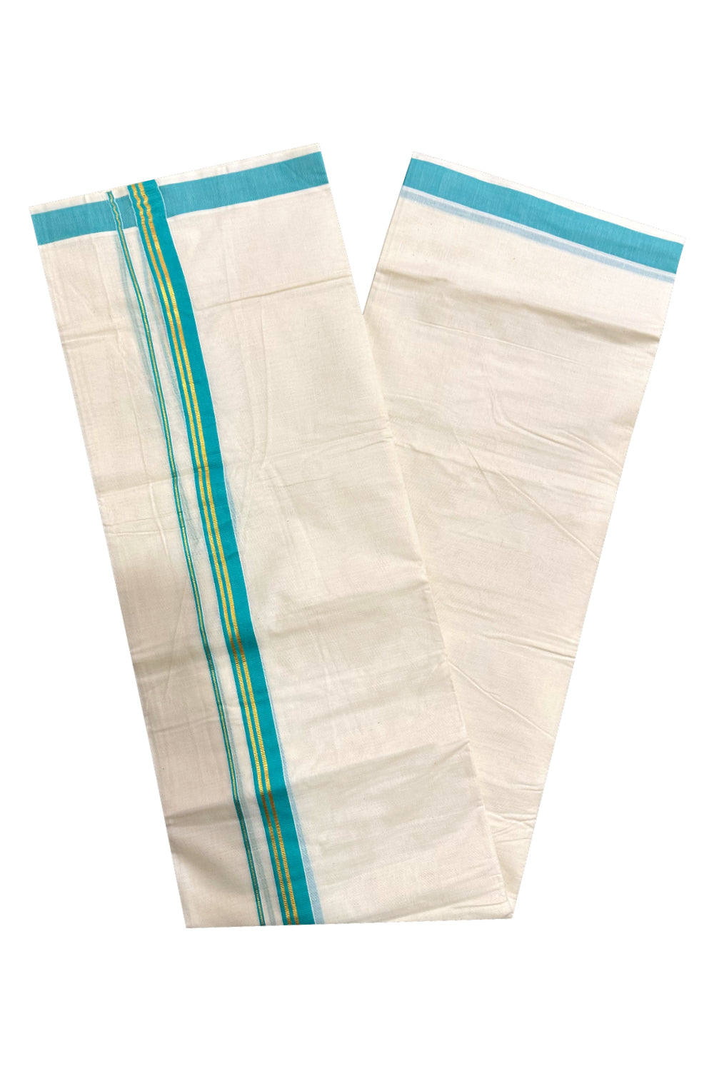 Kerala Cotton Double Mundu with Turquoise and Kasavu Border (Onam Mundu 2023)