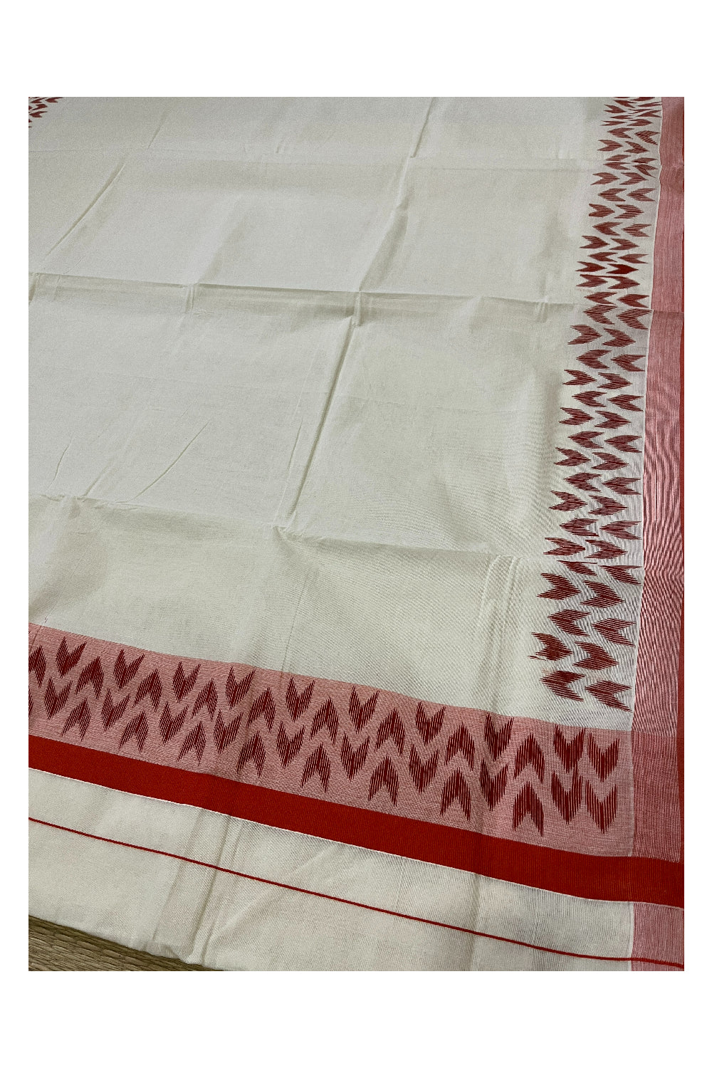 Pure Cotton Kerala Saree with Orange Block Printed Border