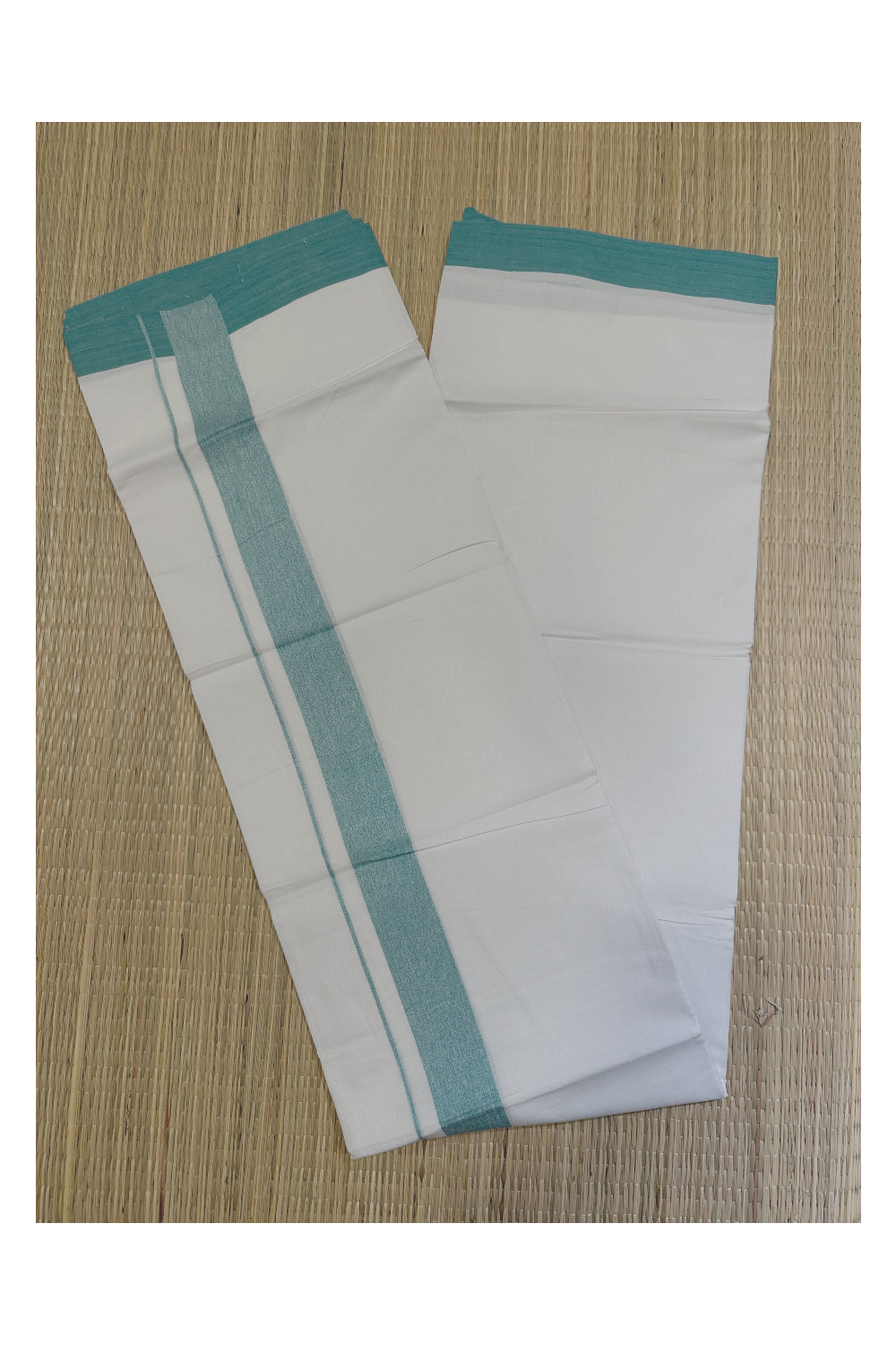 Pure White Cotton Double Mundu with Green Kara (South Indian Kerala Dhoti)