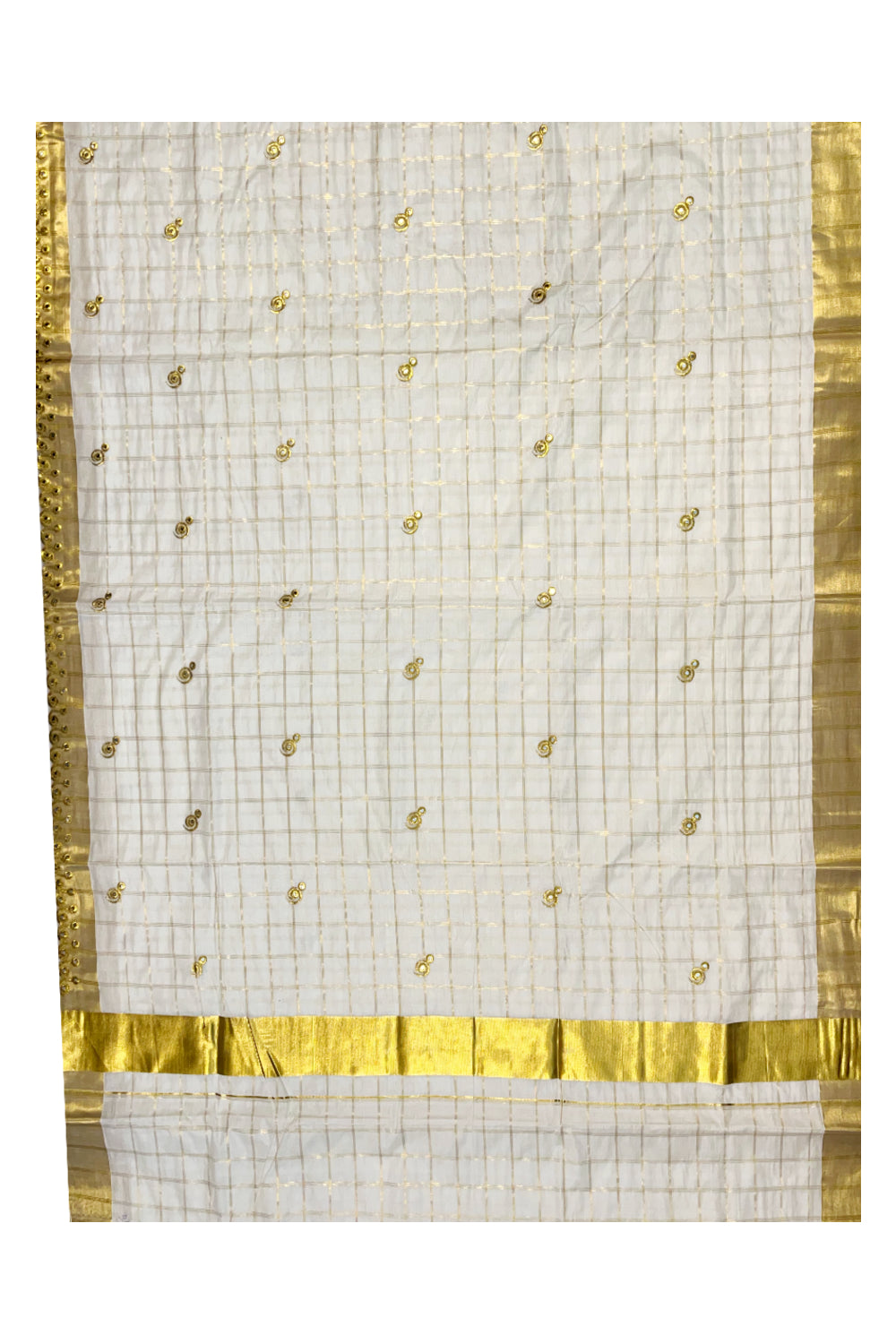 Kerala Cotton Kasavu Checked Saree with Embroidery Work On Body