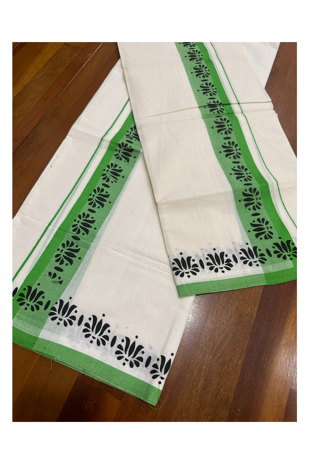 Kerala Cotton Set Mundu (Mundum Neriyathum) with Block Prints on Light Green Border (Onam Set Mundu 2023)