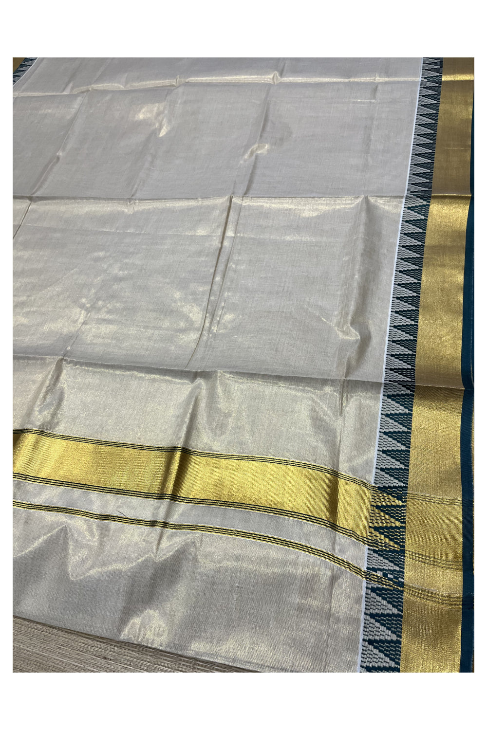 Kerala Tissue Saree with Kasavu and Dark Green Temple Woven Designs on Border (Vishu 2024 Collection)