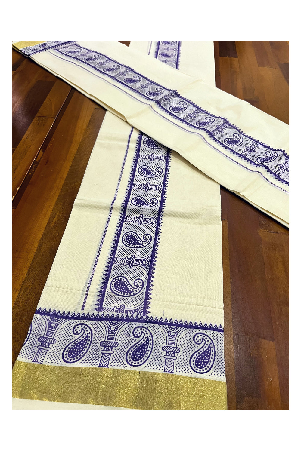 Kerala Pure Cotton Single Set Mundu with Violet Paisley Block Printed Border