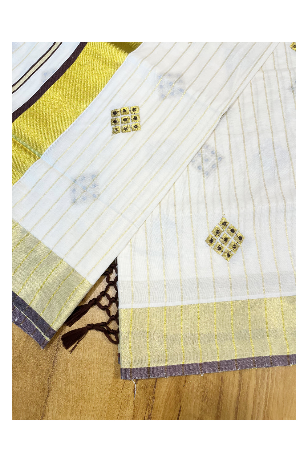 Kerala Cotton Kasavu Stripes Saree with Brown Floral Embroidery Design on Body