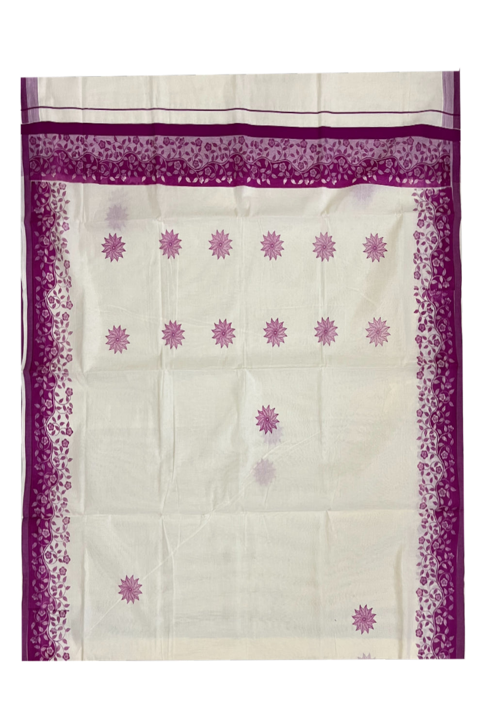 Kerala Cotton Saree with Magenta Floral Block Prints on Border (Onam Saree 2023)