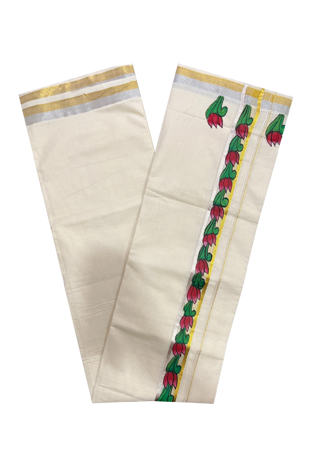 Pure Cotton Kerala Double Mundu with Floral Hand Painted Design on Silver and Golden Kasavu Kara (South Indian Kerala Dhoti)