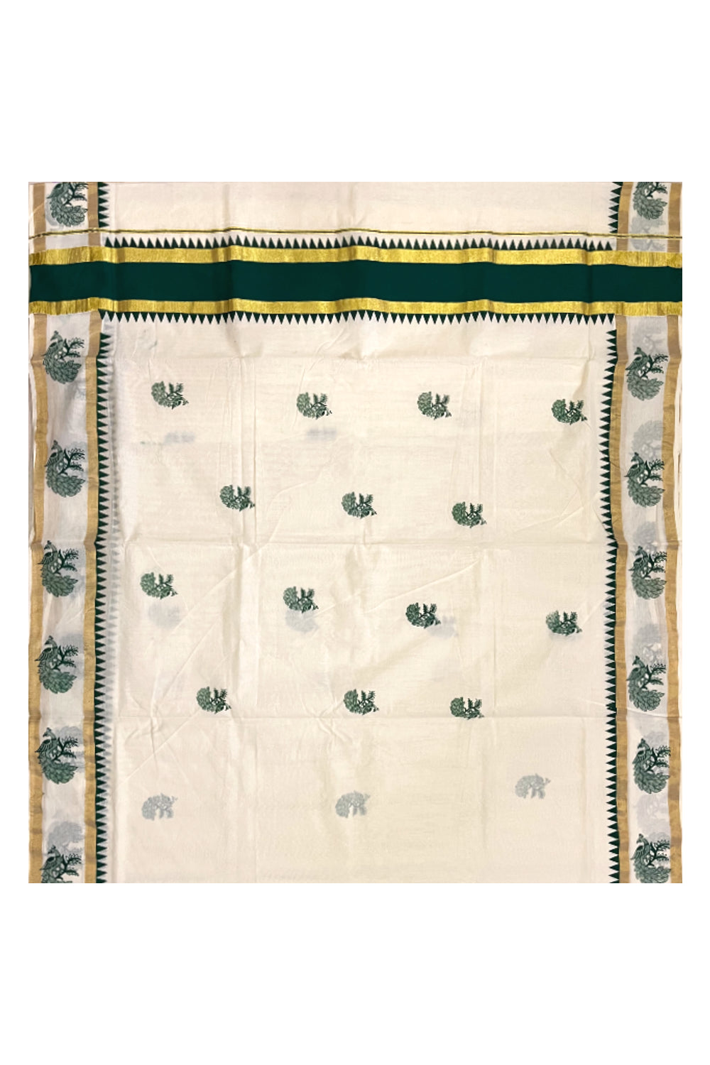 Pure Cotton Kerala Saree with Green Peacock Temple Block Printed Kasavu Border