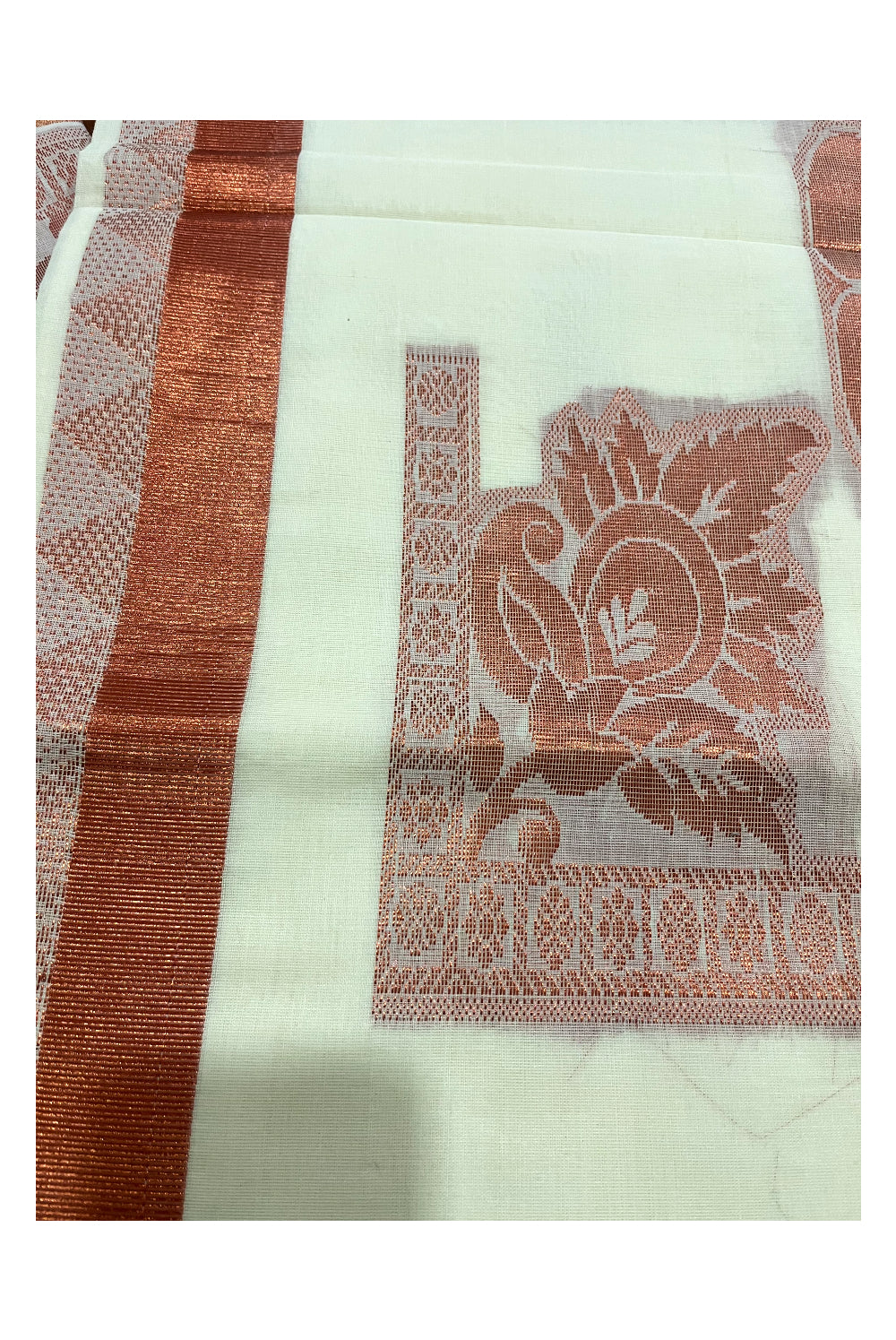 Kerala Copper Kasavu Heavy Woven Work Cotton Saree