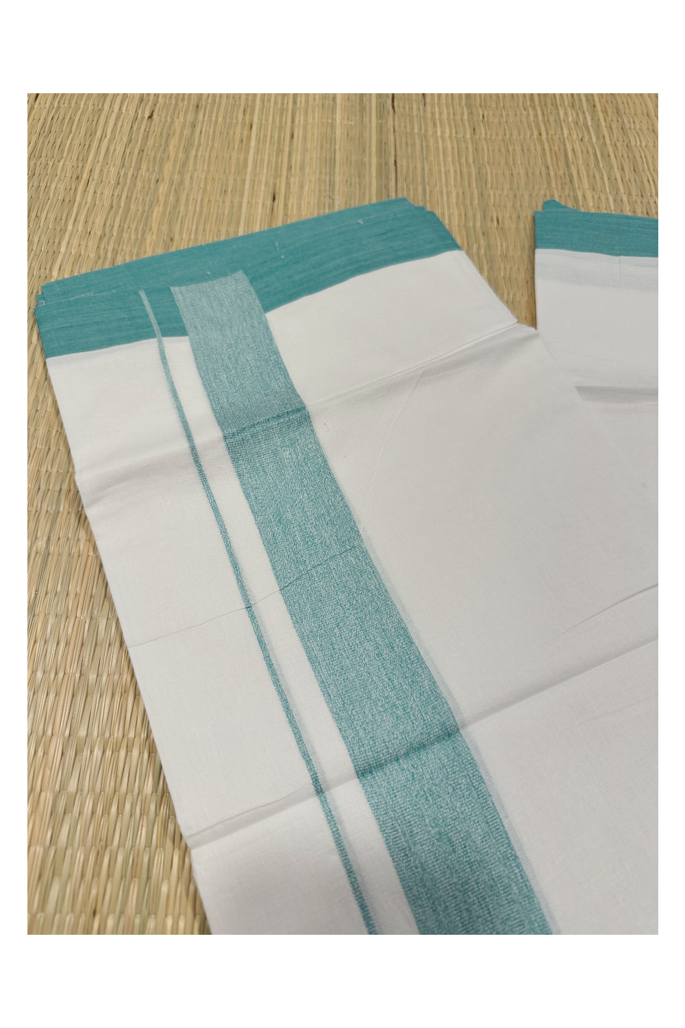 Pure White Cotton Double Mundu with Green Kara (South Indian Kerala Dhoti)