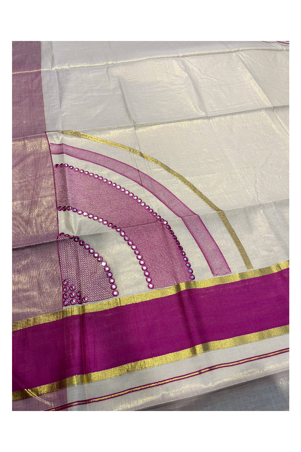 Southloom Kerala Tissue Kasavu Saree with Pink Mirror Work