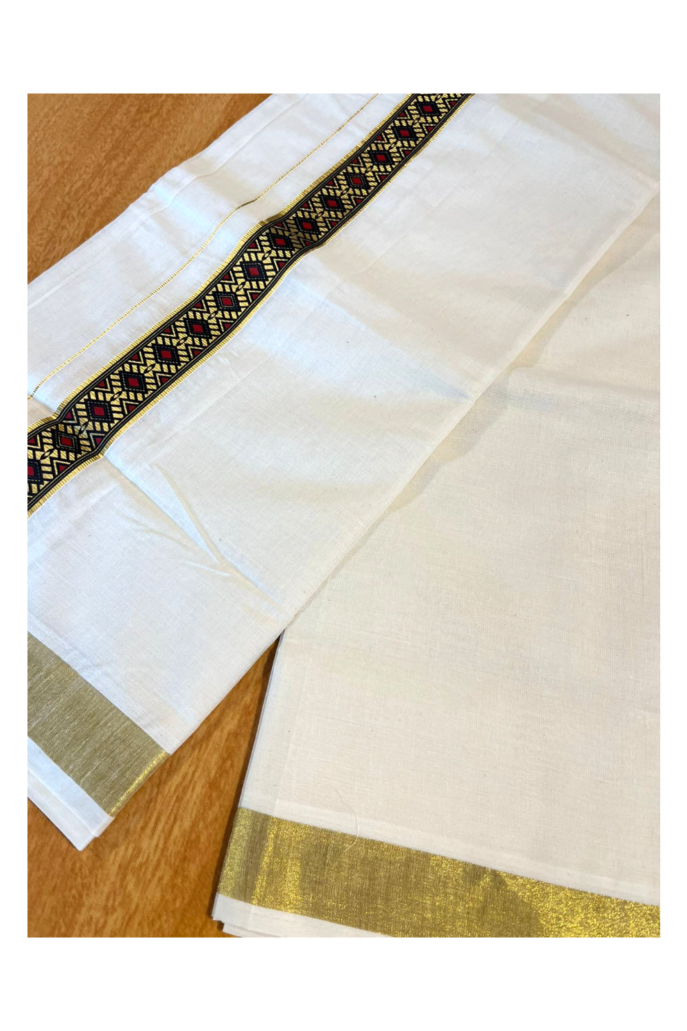 Southloom Kasavu Double Mundu with Prints on Kasavu Kara