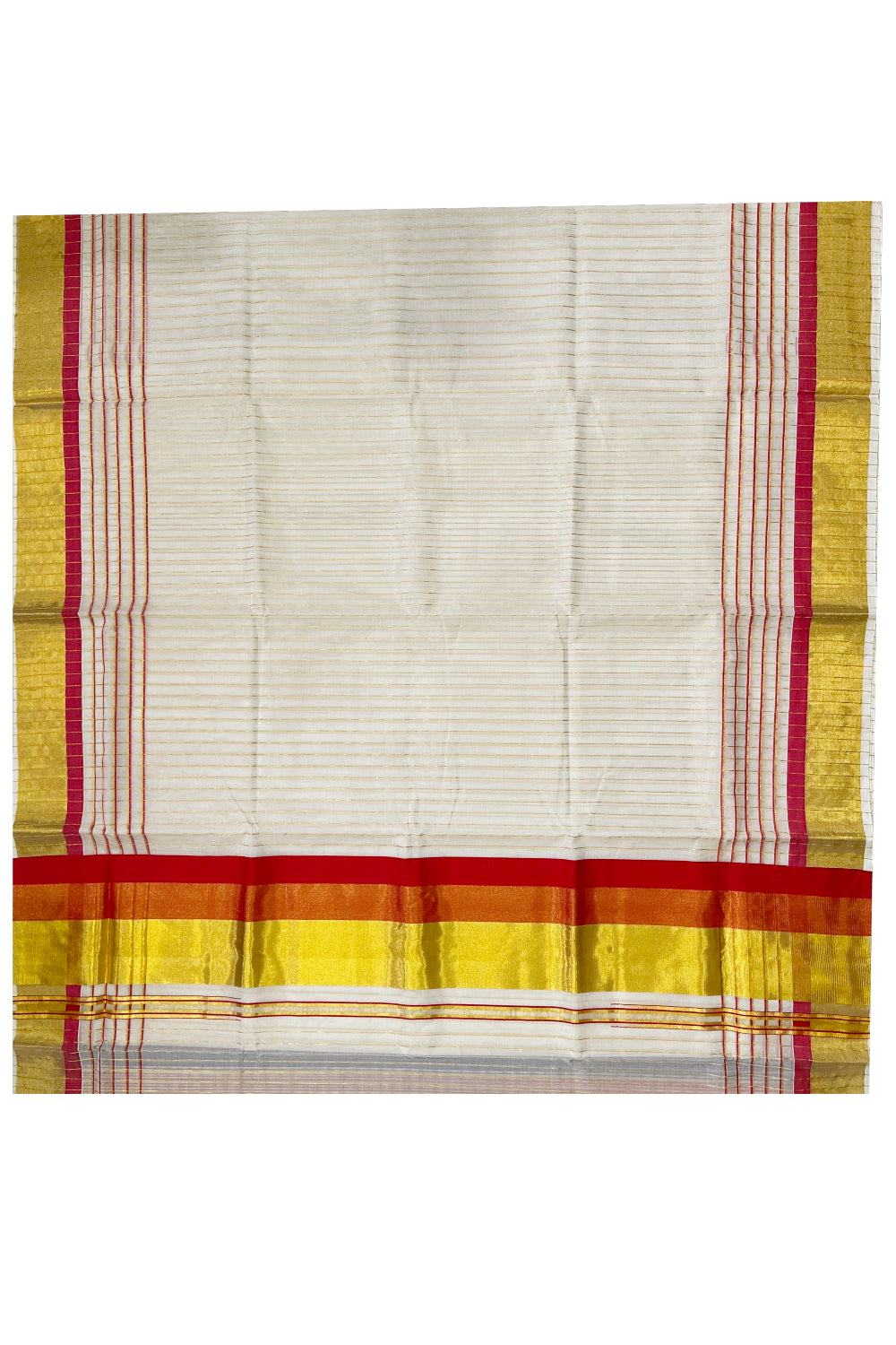 Southloom Premium Handloom Cotton Kerala Saree with Kasavu Lines Across Body and Bight Red Border (Onam Saree 2023)