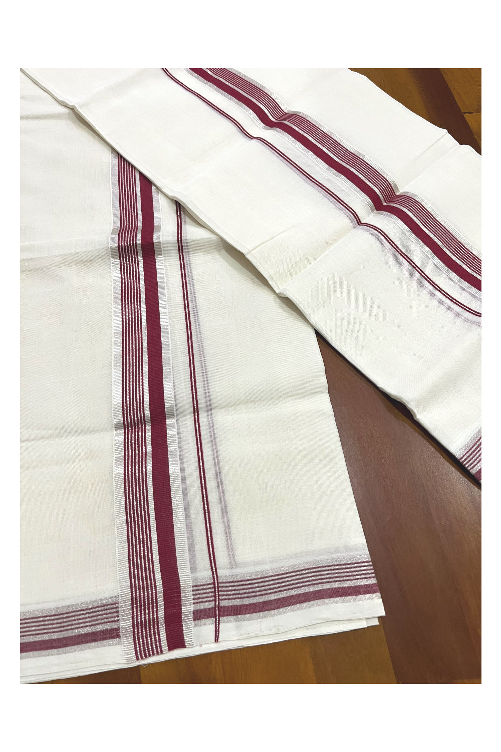 Pure Cotton Handloom Premium Kasavu Set Mundu (Mundum Neriyathum) with Maroon and Silver Kasavu Border