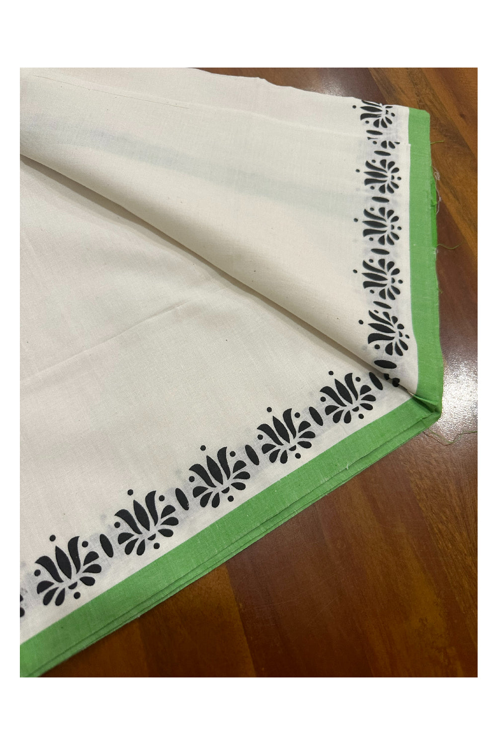 Kerala Cotton Set Mundu (Mundum Neriyathum) with Block Prints on Light Green Border (Onam Set Mundu 2023)