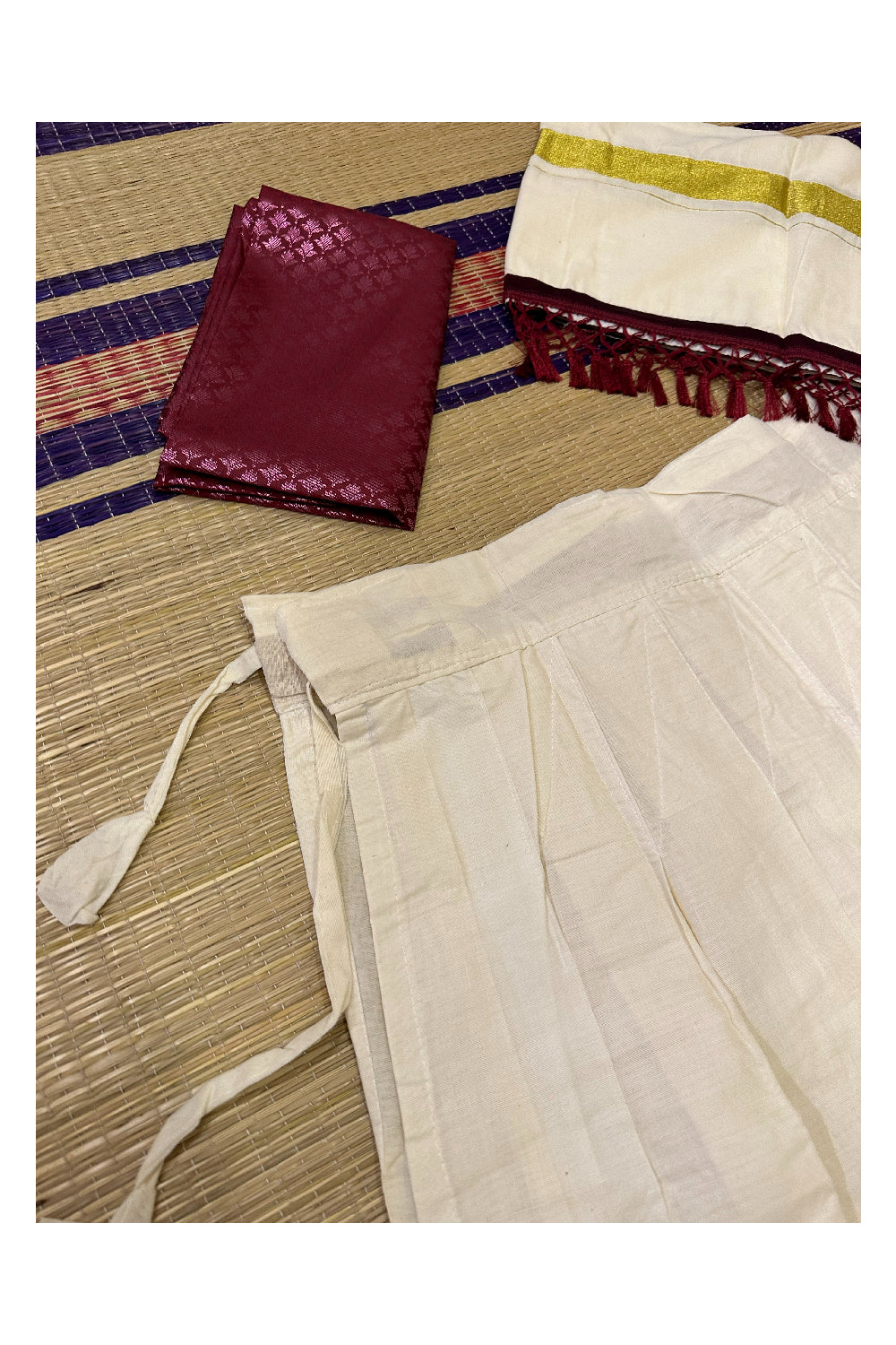 Semi Stitched Dhavani Set with Cotton Pavada and Maroon Woven Work Blouse Piece