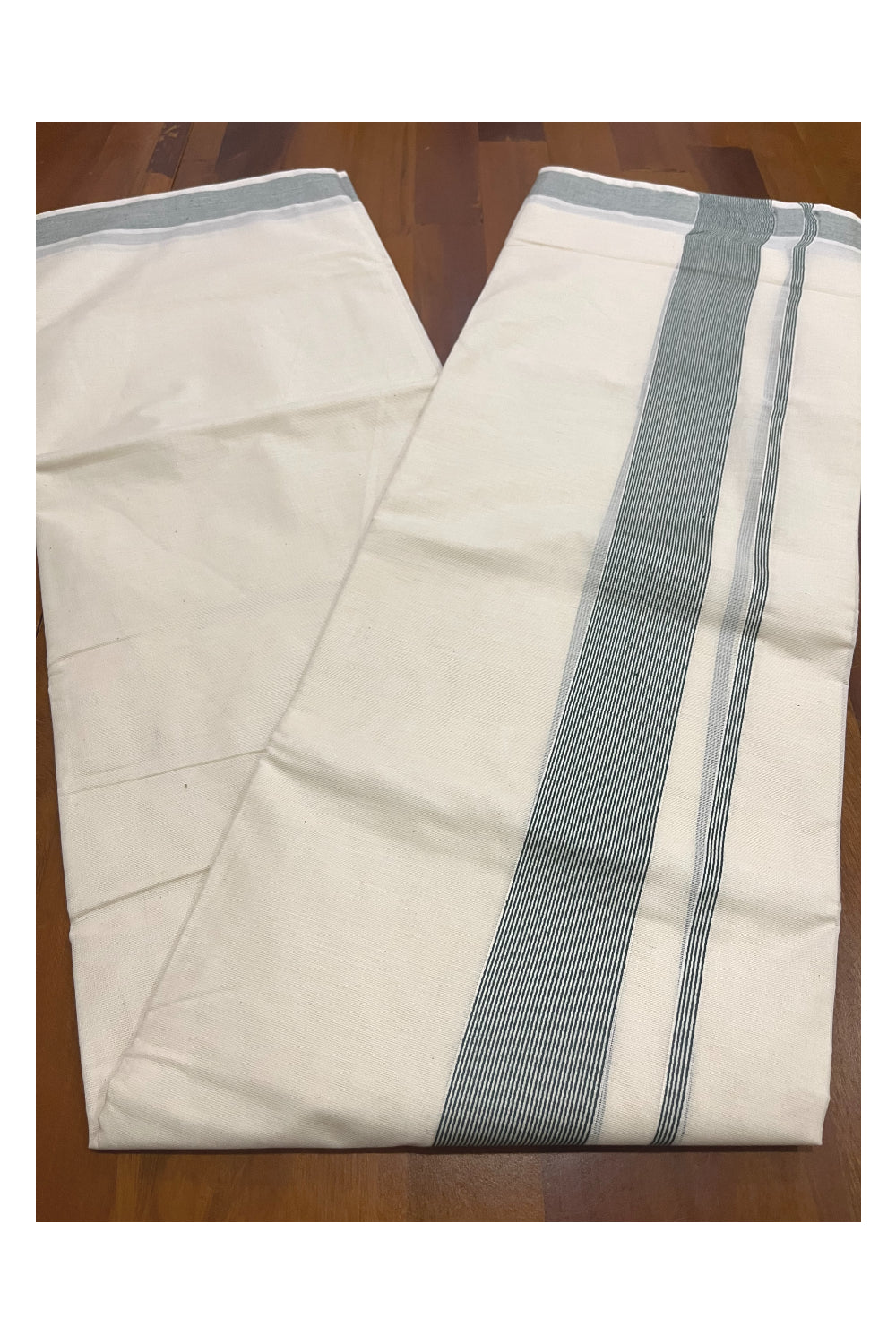 Off White Kerala Double Mundu with 2 inch Green Line Border (South Indian Dhoti)