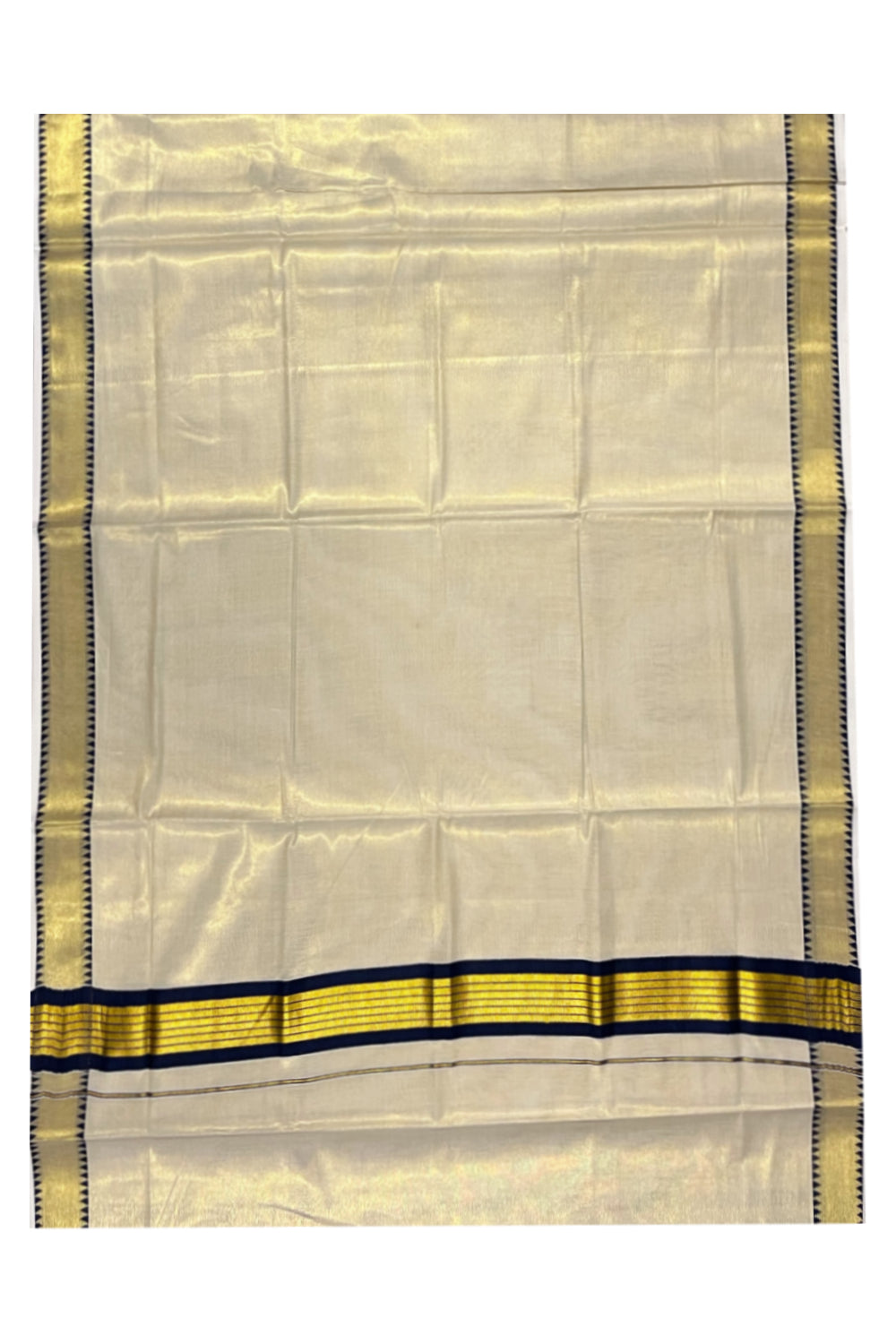 Kerala Tissue Kasavu Saree With Blue Temple Woven Works on Border