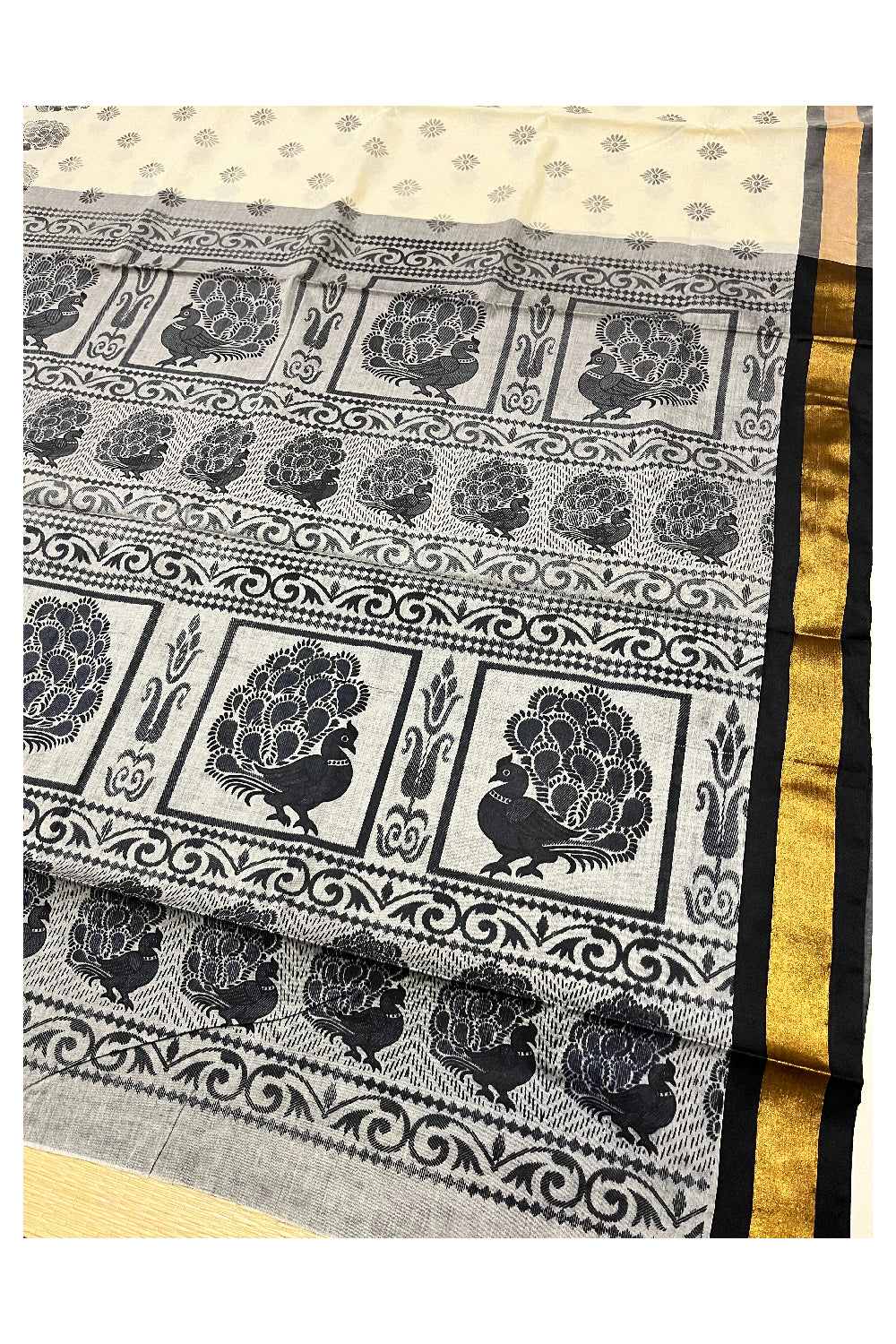 Pure Cotton Kerala Saree with Black Block Print Designs and Kasavu Border (Vishu 2024 Collection)